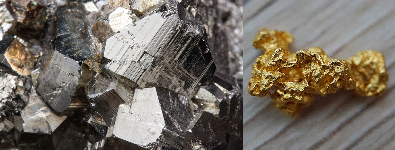Links: Pyrit (Katzengold), rechts: echter Goldnugget