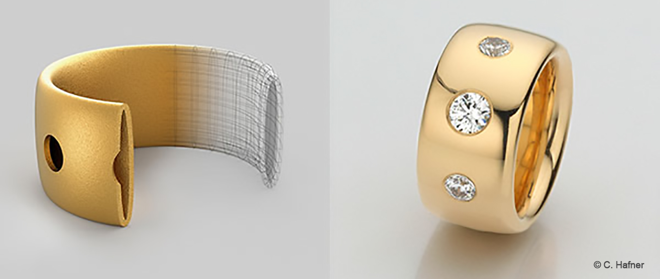 Das CAD-Design erlaubt die Fertigung von Produkten mit Hohlkammern. Der abgebildete Ring besteht dennoch aus reinem Gold.